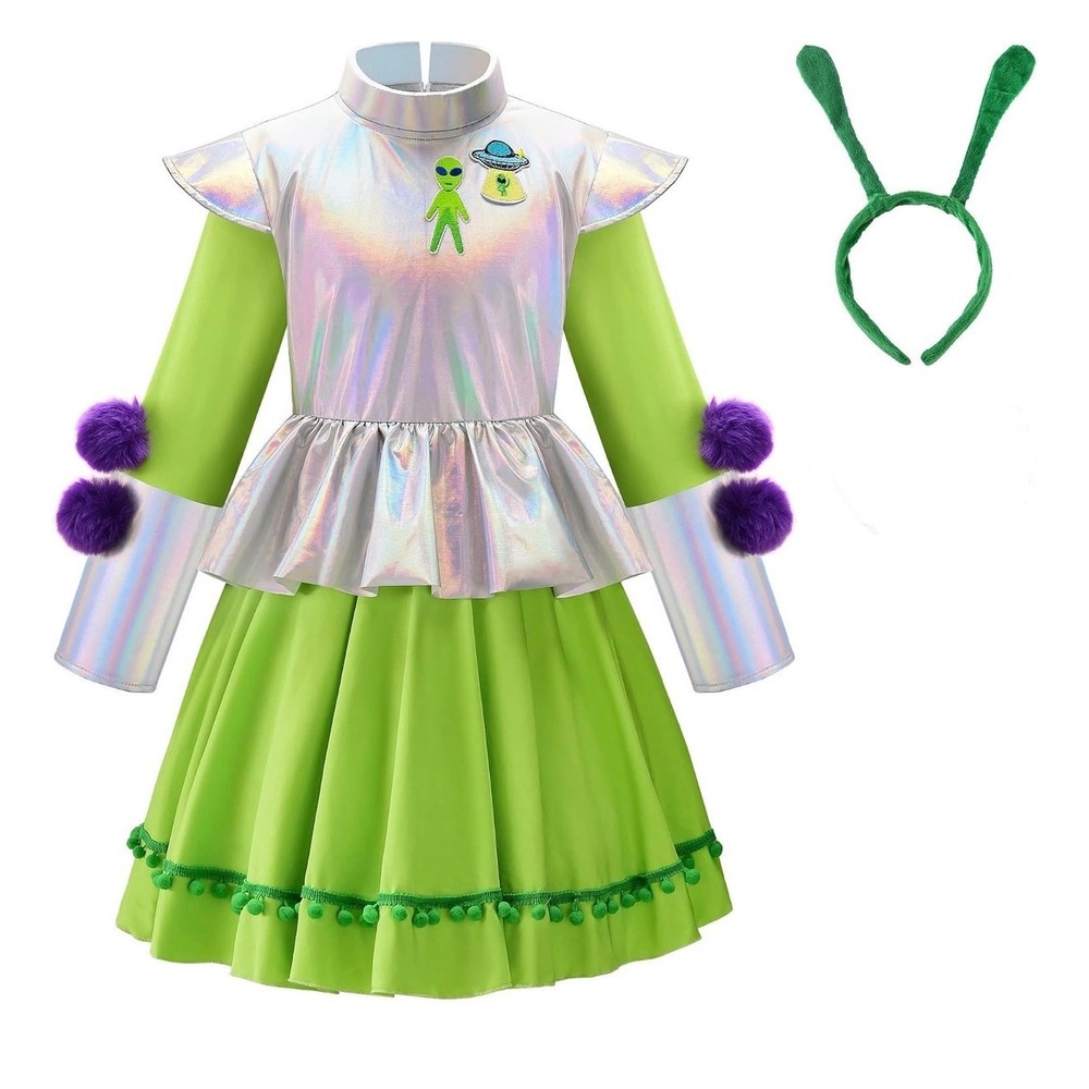 Space Alien Costume Dress Girls Size 8-9 Green Silver Metallic Space Outfit B3